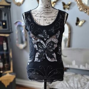 Rebell's VTG Black Butterfly Embellished Blouse Small